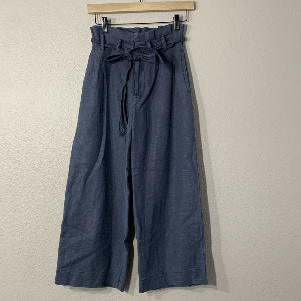Rag Poets Palmetto Women's Wide Leg Linen Pants Size 24 Blue High Waist‎ Crop